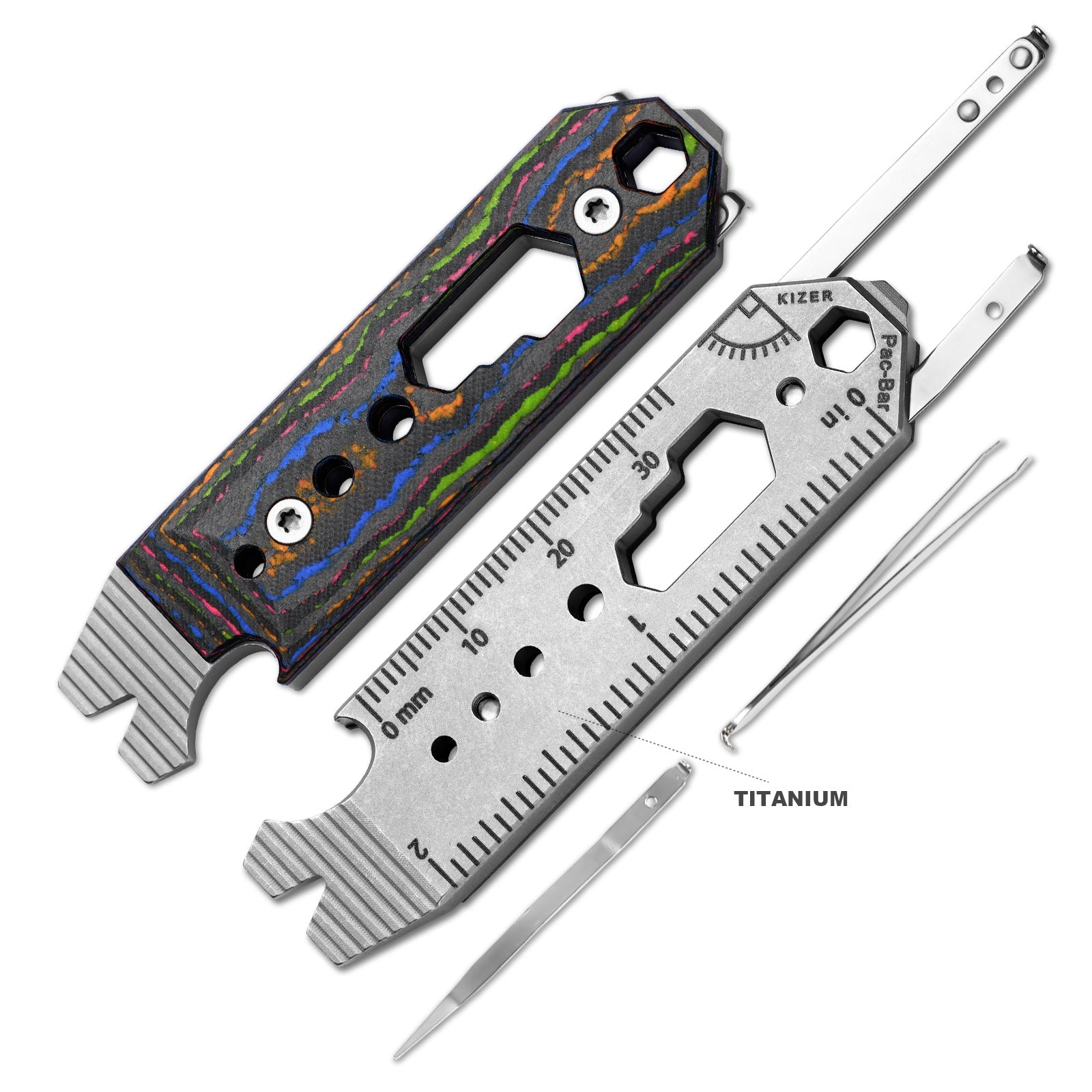 Kizer Titanium & Camo Carbon 80's EDC Multi-Functional Multicolored Tools Pac-Bar